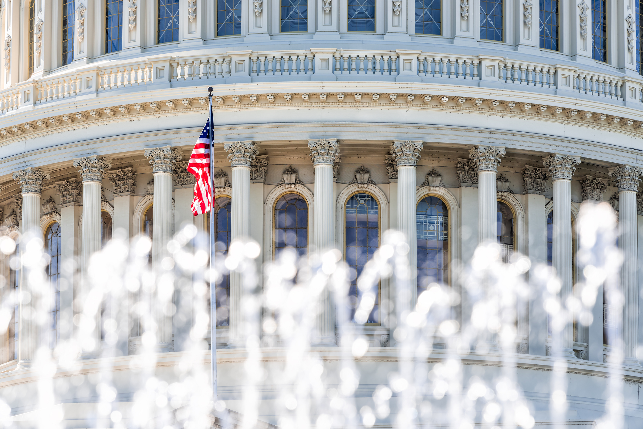US Congress closeup with background of water fountain splashing