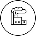 Icon of a factory with smoke billowing from the chimney enclosed in a circle